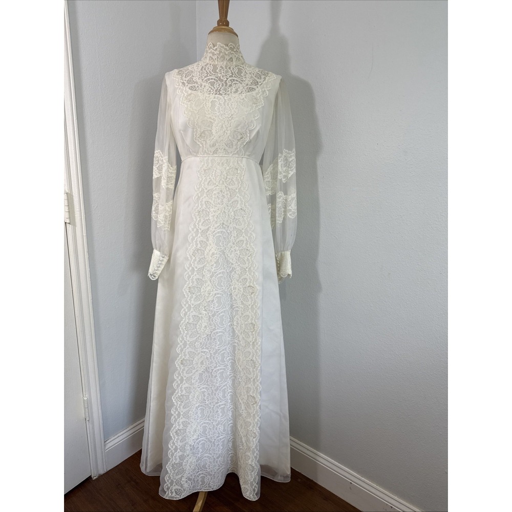 Vtg Bridal Originals Wedding Dress‎ 12 Lace Trim Victorian Edwardian Bow Back - Picture 2 of 16
